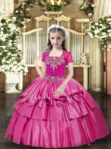 Charming Hot Pink Ball Gowns Taffeta Straps Sleeveless Beading Floor Length Lace Up Little Girls Pageant Dress
