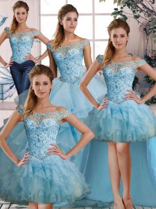 Suitable Organza Off The Shoulder Sleeveless Lace Up Beading and Ruffles Sweet 16 Dress in Light Blue