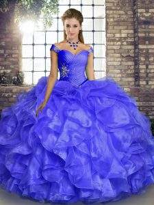 Lavender Off The Shoulder Lace Up Beading and Ruffles Ball Gown Prom Dress Sleeveless
