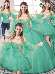 Stunning Sleeveless Tulle Floor Length Lace Up Ball Gown Prom Dress in Turquoise with Beading