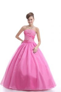 Rose Pink Strapless Lace Up Embroidery Ball Gown Prom Dress Sleeveless