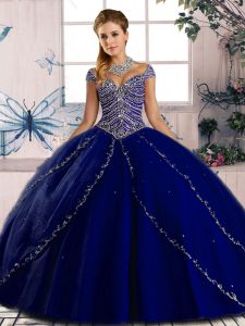 Designer Cap Sleeves Beading Lace Up Quinceanera Dress with Royal Blue Brush Train