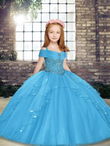 Blue Lace Up Little Girl Pageant Gowns Beading Sleeveless Floor Length
