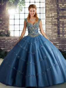 Affordable Ball Gowns 15 Quinceanera Dress Blue Straps Tulle Sleeveless Floor Length Lace Up