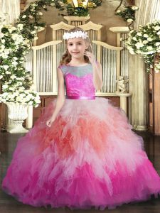 Multi-color Ball Gowns Scoop Sleeveless Tulle Floor Length Backless Lace and Ruffles Pageant Gowns For Girls