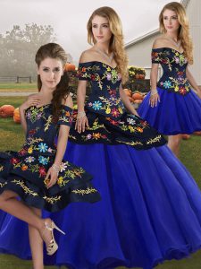 Best Royal Blue Lace Up Off The Shoulder Embroidery 15th Birthday Dress Tulle Sleeveless