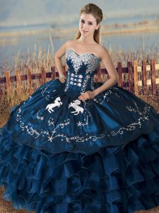 Navy Blue Satin and Organza Lace Up Sweetheart Sleeveless Floor Length Quinceanera Gowns Embroidery and Ruffles