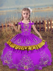 Admirable Purple Kids Pageant Dress Wedding Party with Beading and Embroidery Off The Shoulder Sleeveless Lace Up