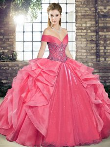 Coral Red Lace Up Off The Shoulder Beading and Ruffles Ball Gown Prom Dress Organza Sleeveless