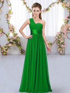 Hot Sale One Shoulder Sleeveless Damas Dress Floor Length Belt Dark Green Chiffon