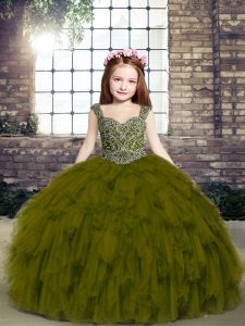Sleeveless Floor Length Beading and Ruffles Lace Up Little Girl Pageant Gowns with Olive Green