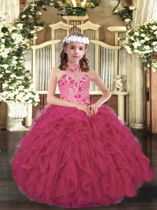 Charming Hot Pink Sleeveless Appliques and Ruffles Floor Length Little Girls Pageant Gowns
