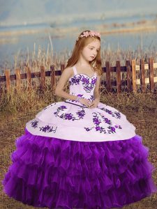 Exquisite Eggplant Purple Glitz Pageant Dress Party and Wedding Party with Embroidery and Ruffled Layers Straps Sleeveless Lace Up