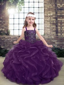 Purple Sleeveless Tulle Lace Up Kids Formal Wear for Party and Sweet 16 and Wedding Party