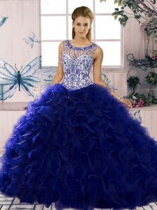 Floor Length Purple Sweet 16 Dresses Organza Sleeveless Beading and Ruffles