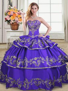 Classical Purple Quinceanera Gown Sweet 16 and Quinceanera with Embroidery and Ruffled Layers Sweetheart Sleeveless Lace Up