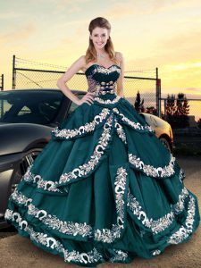 Peacock Green Lace Up Sweetheart Embroidery and Ruffled Layers Quinceanera Gowns Satin Sleeveless
