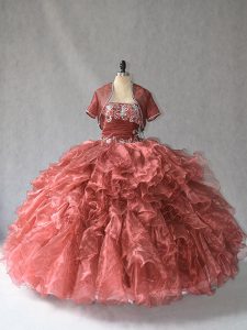 Red Lace Up Strapless Beading and Ruffles Ball Gown Prom Dress Sleeveless