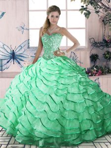 Apple Green Quinceanera Gowns Sweet 16 and Quinceanera with Ruffled Layers Sweetheart Sleeveless Brush Train Lace Up