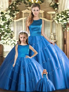 Classical Blue Tulle Lace Up Scoop Sleeveless Floor Length Sweet 16 Dresses Appliques