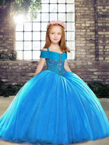 Baby Blue Straps Lace Up Beading Pageant Dress for Girls Brush Train Sleeveless