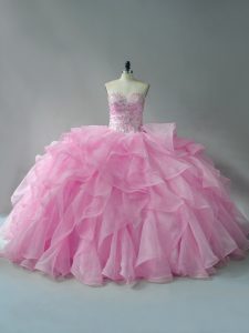 Baby Pink Organza Lace Up Sweet 16 Dress Sleeveless Beading and Ruffles