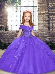 Simple Straps Sleeveless Lace Up Kids Formal Wear Lavender Tulle