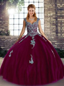 Fuchsia Ball Gowns Straps Sleeveless Tulle Floor Length Lace Up Beading and Appliques Quinceanera Dress