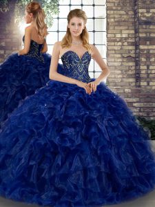 Amazing Beading and Ruffles Sweet 16 Quinceanera Dress Royal Blue Lace Up Sleeveless Floor Length