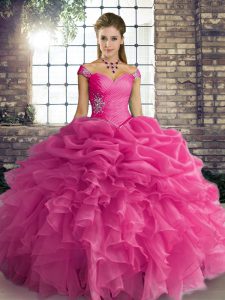 Hot Pink Off The Shoulder Lace Up Beading and Ruffles and Pick Ups Quince Ball Gowns Sleeveless