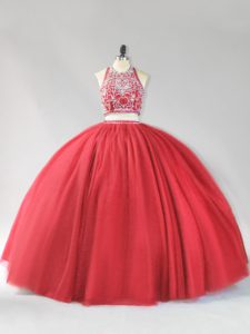 Tulle Halter Top Sleeveless Backless Beading Quinceanera Dresses in Red