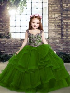 Beauteous Straps Sleeveless Lace Up Kids Pageant Dress Green Tulle