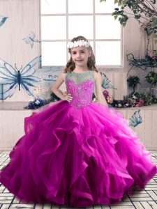 Fashionable Scoop Sleeveless Lace Up Little Girl Pageant Gowns Fuchsia Tulle