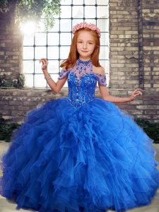 Blue Ball Gowns Beading and Ruffles Girls Pageant Dresses Lace Up Tulle Sleeveless Floor Length
