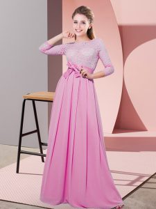 High Class 3 4 Length Sleeve Floor Length Lace and Belt Side Zipper Dama Dress for Quinceanera with Rose Pink
