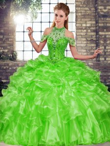 Custom Design Green Sleeveless Organza Lace Up Sweet 16 Dress for Military Ball and Sweet 16 and Quinceanera