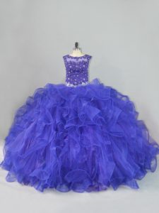 Colorful Blue Ball Gowns Beading and Ruffles Vestidos de Quinceanera Lace Up Organza Sleeveless Floor Length