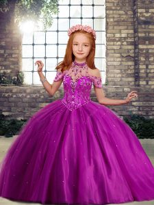 Amazing Beading Little Girl Pageant Gowns Fuchsia Lace Up Sleeveless Floor Length