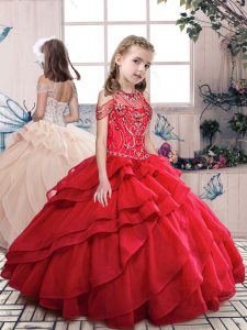 Top Selling Red Ball Gowns Beading and Ruffled Layers Kids Pageant Dress Lace Up Organza Sleeveless Floor Length