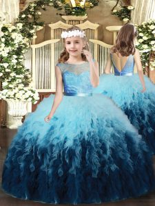 Sleeveless Tulle Floor Length Backless Girls Pageant Dresses in Multi-color with Ruffles