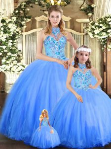 Tulle Halter Top Sleeveless Lace Up Embroidery 15th Birthday Dress in Blue
