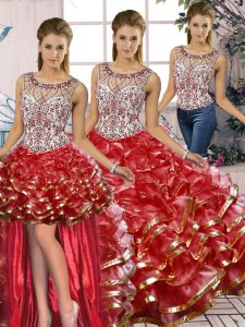 Spectacular Scoop Sleeveless Lace Up Quinceanera Gown Red Organza