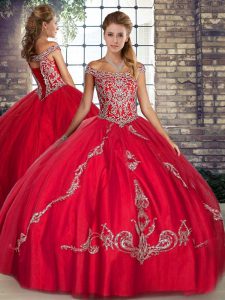 Amazing Floor Length Red Quinceanera Gown Off The Shoulder Sleeveless Lace Up