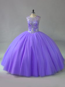 Sleeveless Beading Lace Up Quinceanera Gown with Lavender