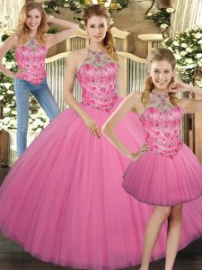 Top Selling Rose Pink Lace Up 15th Birthday Dress Embroidery Sleeveless Floor Length