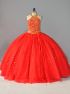 Chic Sleeveless Floor Length Beading Lace Up Ball Gown Prom Dress with Red
