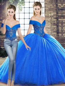 Attractive Royal Blue Lace Up Off The Shoulder Beading Sweet 16 Dress Organza Sleeveless Brush Train