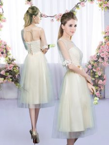 Champagne Lace Up Scoop Lace and Bowknot Vestidos de Damas Tulle Half Sleeves