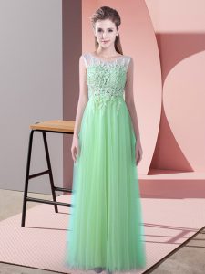 Most Popular Sleeveless Tulle Brush Train Zipper Quinceanera Court of Honor Dress in Apple Green with Beading and Lace