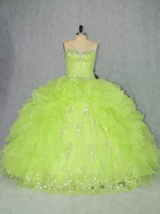 Yellow Green Sweetheart Neckline Beading and Ruffles Ball Gown Prom Dress Sleeveless Lace Up